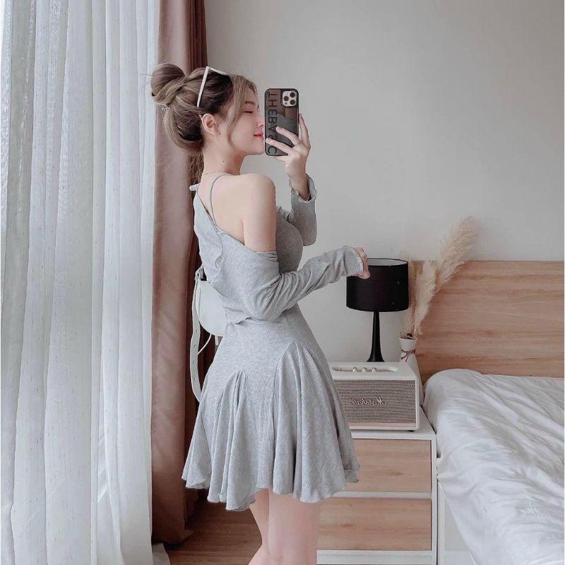 Set đầm dây xòe kèm áo khoác