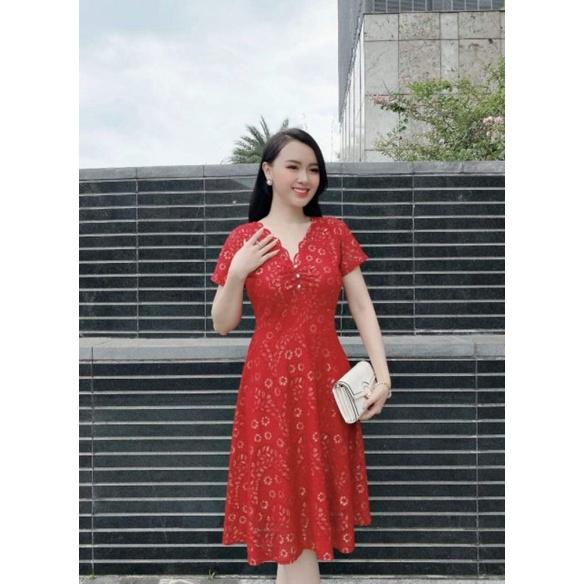 ĐẦM XÒE REN THUN CỔ V NGỰC NHÚN LY ĐÍNH HẠT