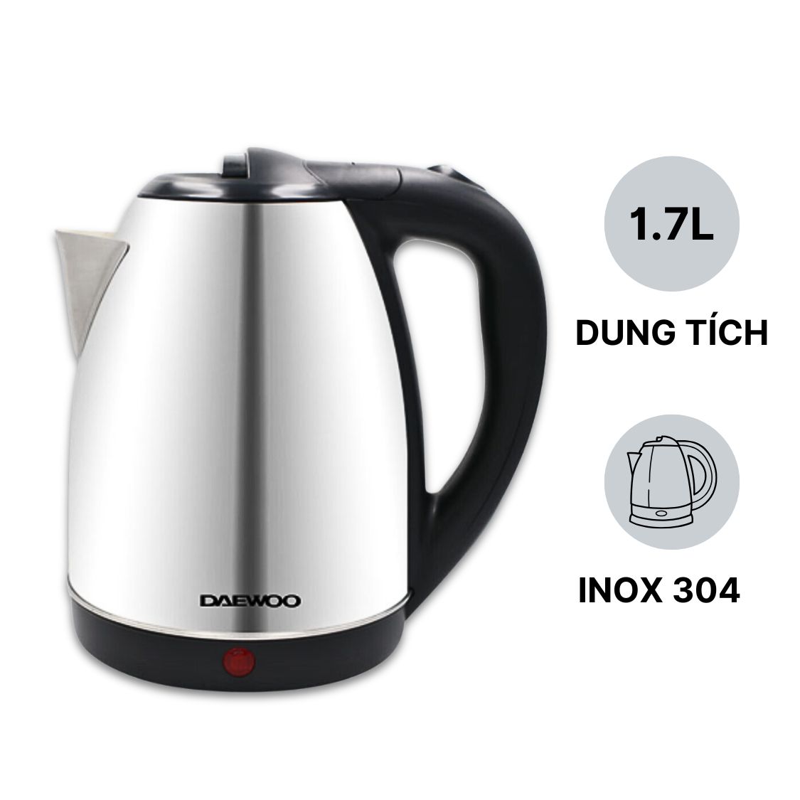 Ấm siêu tốc inox 304 cao cấp đảm bảo an toàn 1.8L Daewoo DWK-S1805 đế xoay 360 độ - Hàng chính hãng BH 2 năm - Hàng chính hãng