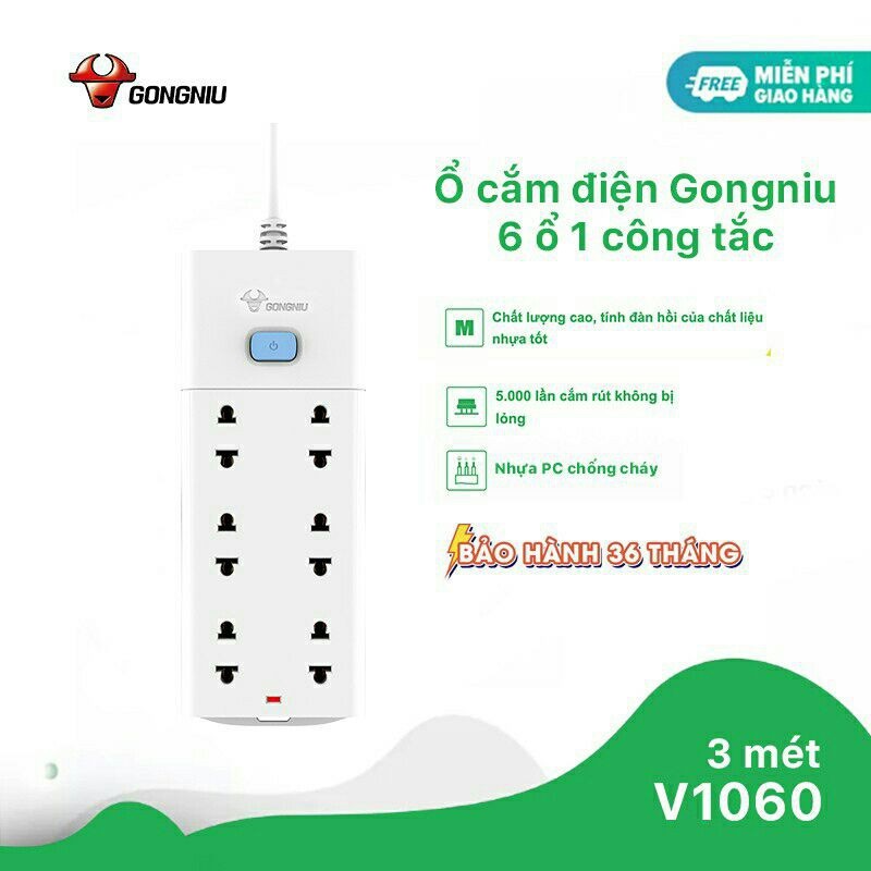 Ổ Cắm Điện Gongniu 6 Ổ 1 Công tắc 2500W/10A (V1060) - hàng Chính Hãng