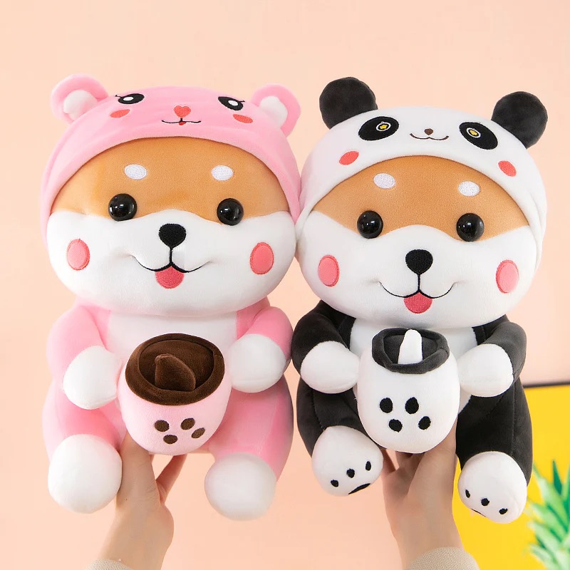 Thú nhồi bông shiba má hồng ôm bình sữa đáng yêu - Size từ 45cm đến 55cm - Quà tặng gấu bông shiba cosplay gấu trúc, thỏ êm mịn cho bé