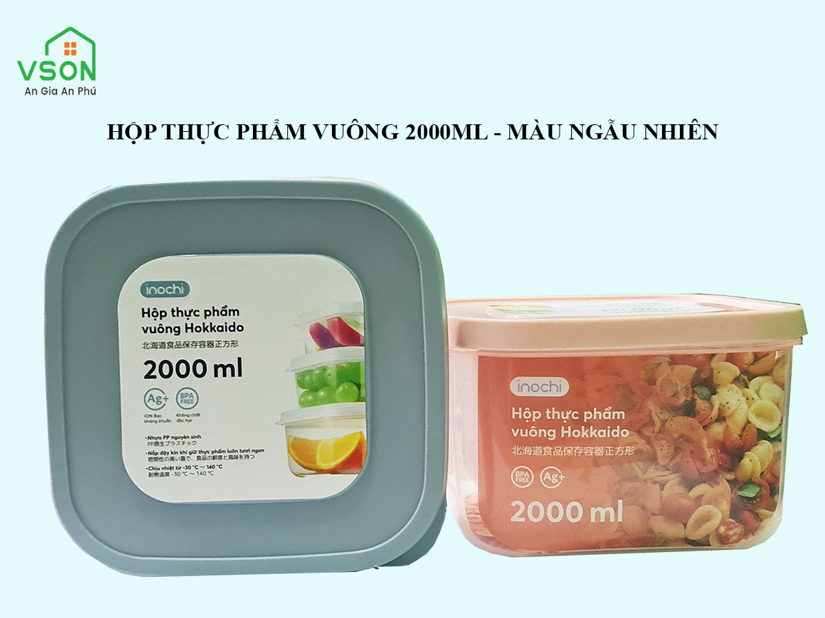 Hộp nhựa đựng thực phẩm vuông 2000ML - Màu ngẫu nhiên