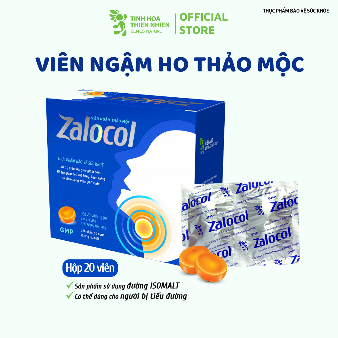 Viên ngậm ho thảo mộc Zalocol  Hỗ trợ giảm đờm, đau rát họng, khản tiếng (Hộp 20 viên) - Genat - Giao 2H HCM