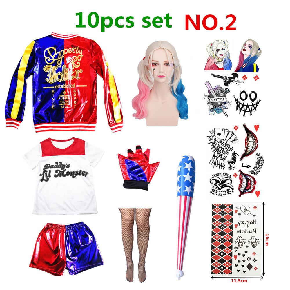 Trang Phục Hóa Trang Quinn Harley Харли Куинн Trẻ Em Bé Gái HalloweenT Áo Sơ Mi Bracer Joker Áo Dây Tóc Giả Găng Tay