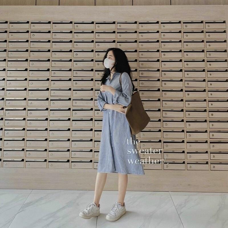 Đầm Sơmi Sọc Xanh Vintage Đầm Sơmi Dài Tay siêu xinhh