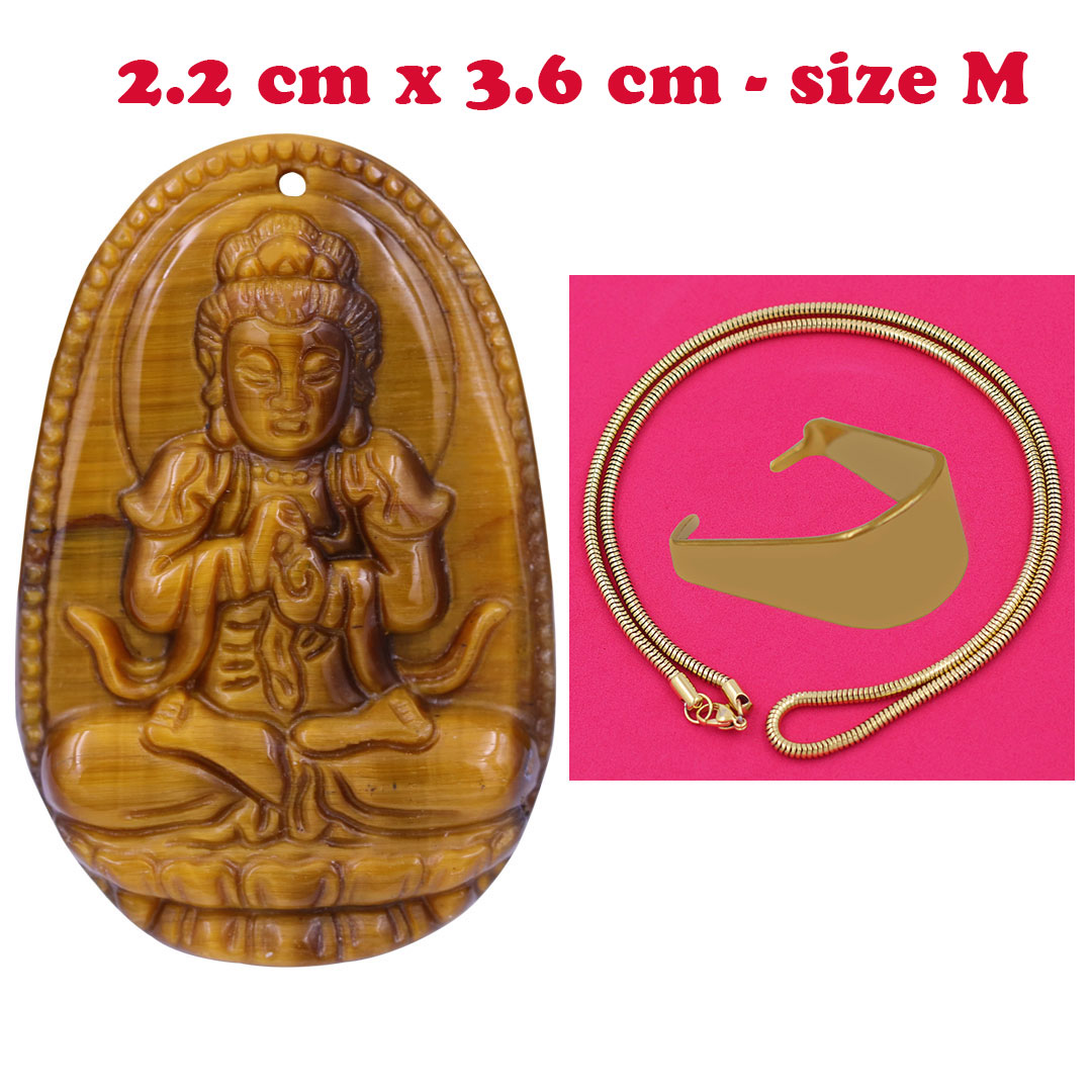 Mặt Phật Đại nhật như lai đá mắt hổ 3.6 cm kèm dây chuyền inox rắn vàng - mặt dây chuyền size M, Mặt Phật bản mệnh