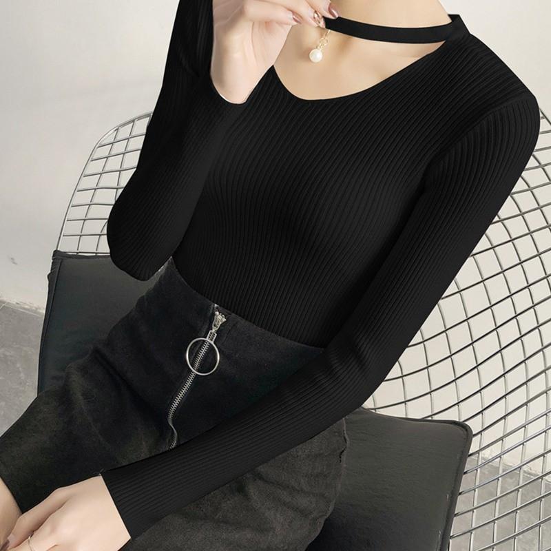 Áo dệt kim nữ dáng ôm cổ chữ V màu trơn