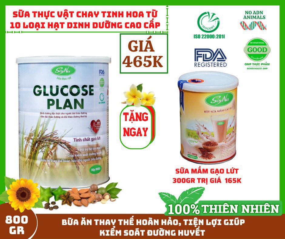 Sữa Hạt Glucose Plan Tinh Chất Gạo Lứt Soyna 800g - Sữa Ăn Kiêng, Bổ Sung Dinh Dưỡng cho Người Cao Tuổi, Tiểu Đường, Tim Mạch, Mỡ Máu, Xương Khớp, Kiểm Soát Đường Huyết, Bữa Ăn Thay Thế Hoàn Hảo Cho Người Bệnh - Tặng Bột Sữa Mầm Gạo Lứt 300g