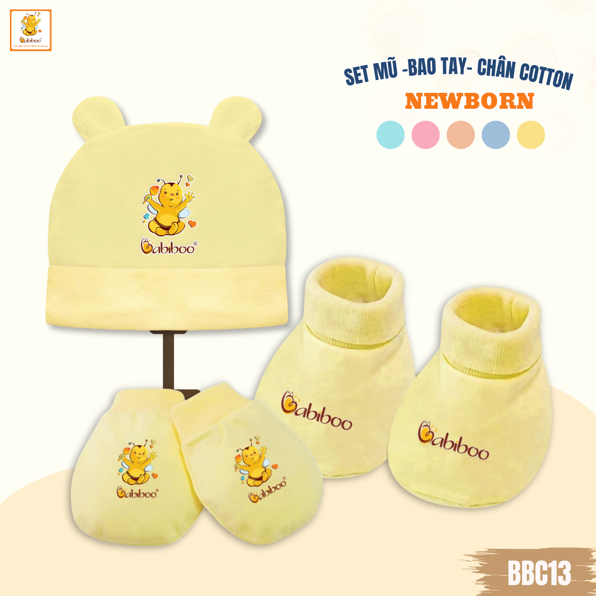 Set nón- bao tay - bao chân cho bé sơ sinh Babiboo vải cotton mềm mại, an toàn cho da BBC13