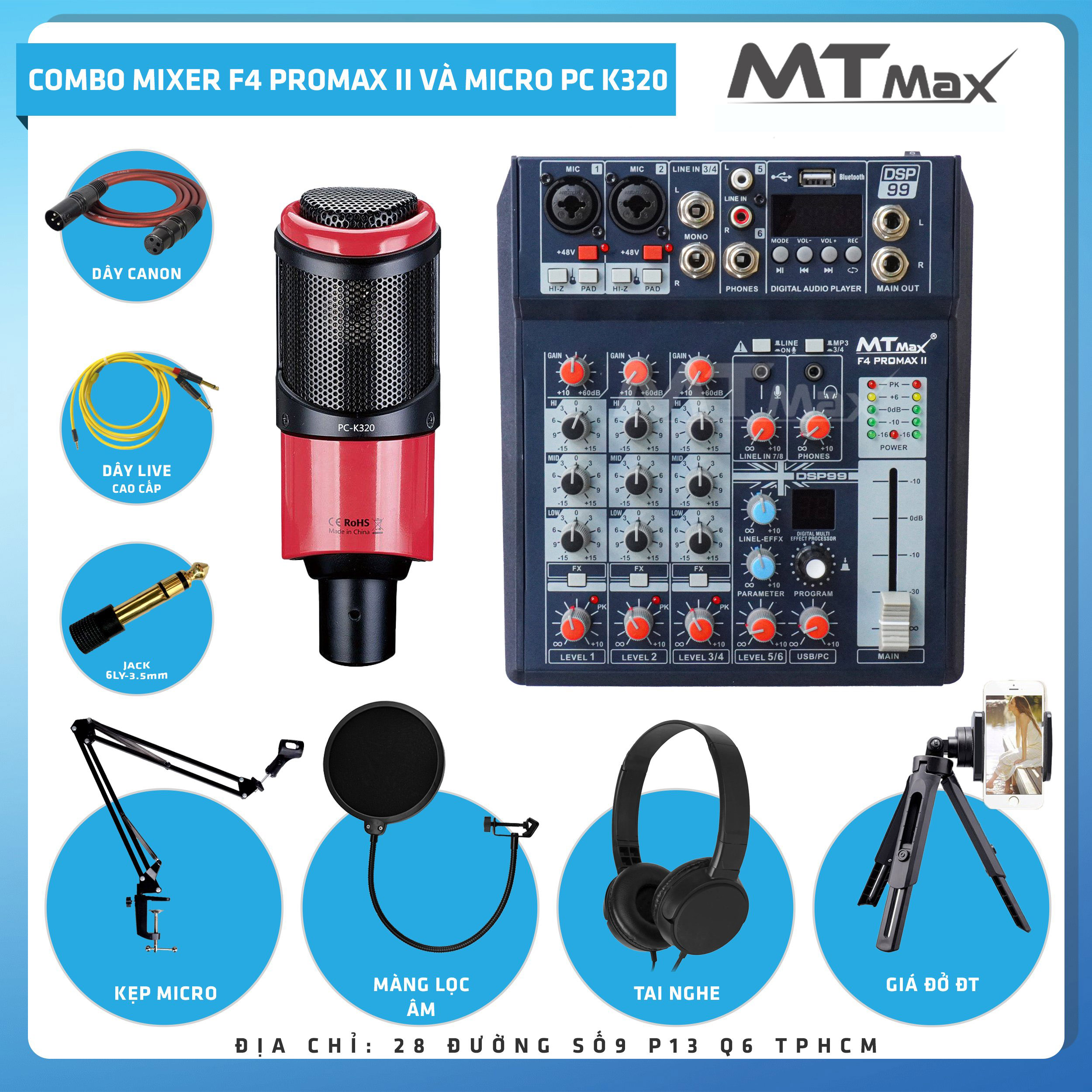 Combo thu âm, livestream Micro TakStar PC-K320, Mixer MTMax F4 ProMax II - Kèm full phụ kiện kẹp micro, màng lọc, tai nghe, dây canon, dây livestream, giá đỡ ĐT - Hỗ trợ thu âm, karaoke online chuyên nghiệp - Hàng nhập khẩu