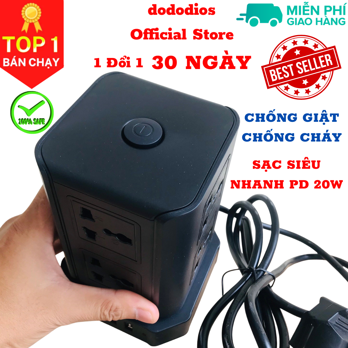 Ổ cắm điện đa năng dododios có sạc nhanh PD 20W cổng USB + typeC, 4-8 lỗ cắm tải 2500W an toàn chống giật, chịu nhiệt - Hàng chính hãng