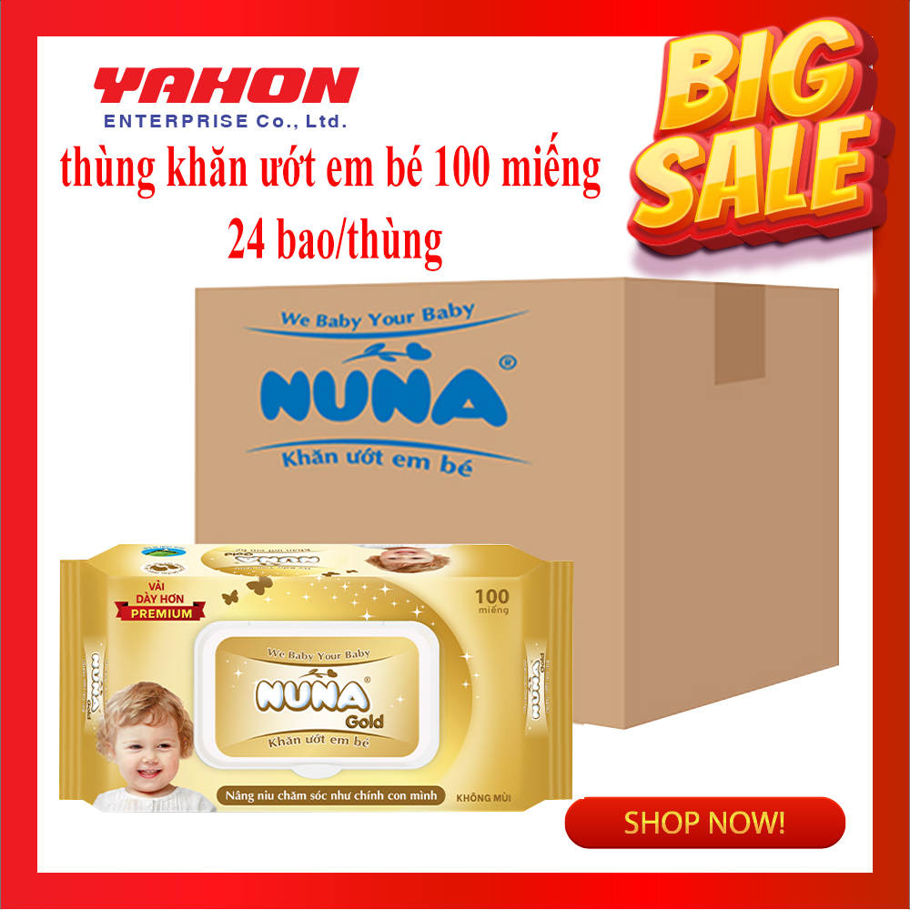 Thùng Khăn Ướt Em Bé NUNA Gold, 100 Miếng/Bao, 24 Bao/Thùng