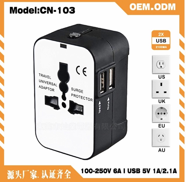 Ổ Cắm Điện Du Lịch Quốc Tế Đa Năng Có 2 Cổng USB