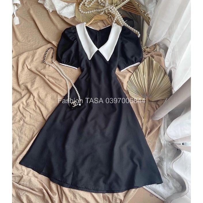 X2 Đầm dáng suông công sở cổ bẻ màu đen cổ trắng form dài thanh lịch (kèm hình thật)