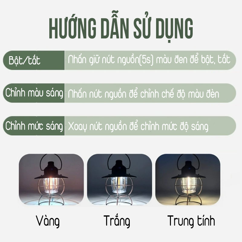 Đèn Dã Ngoại Tích Điện Đèn Bão Đèn Treo Lều Vintage Lights Cao Cấp Điều Chỉnh 3 Màu Sáng