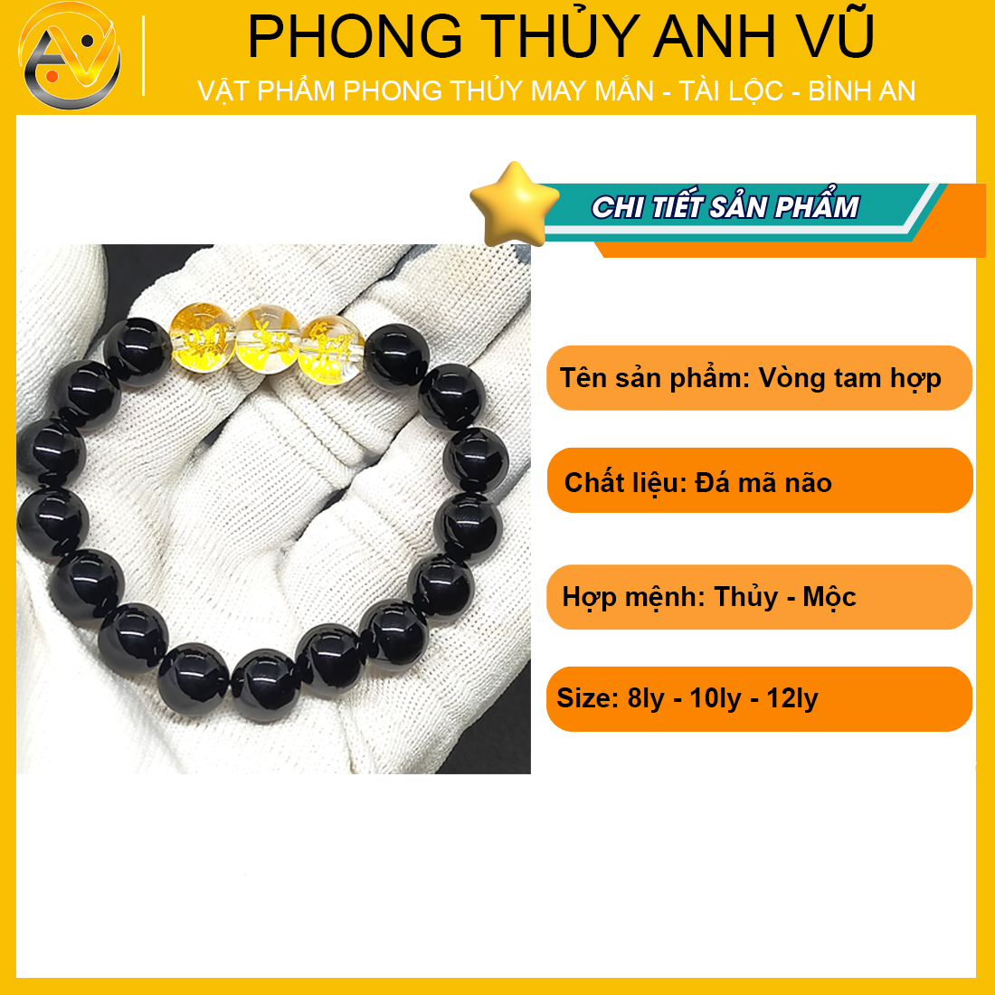 Vòng phong thủy mệnh mộc hợi mão mùi đã khai quang - chất liệu mã não đen tự nhiên - size 8 10 12ly - may mắn tài lộc - Vòng Tam Hợp Anh Vũ