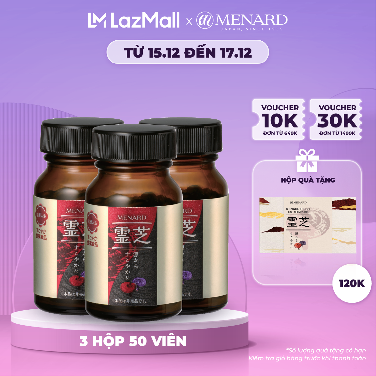 Combo 3 hộp Viên Uống Linh Chi Menard Reishi Tăng Đề Kháng (3 hộp x 50 viên)