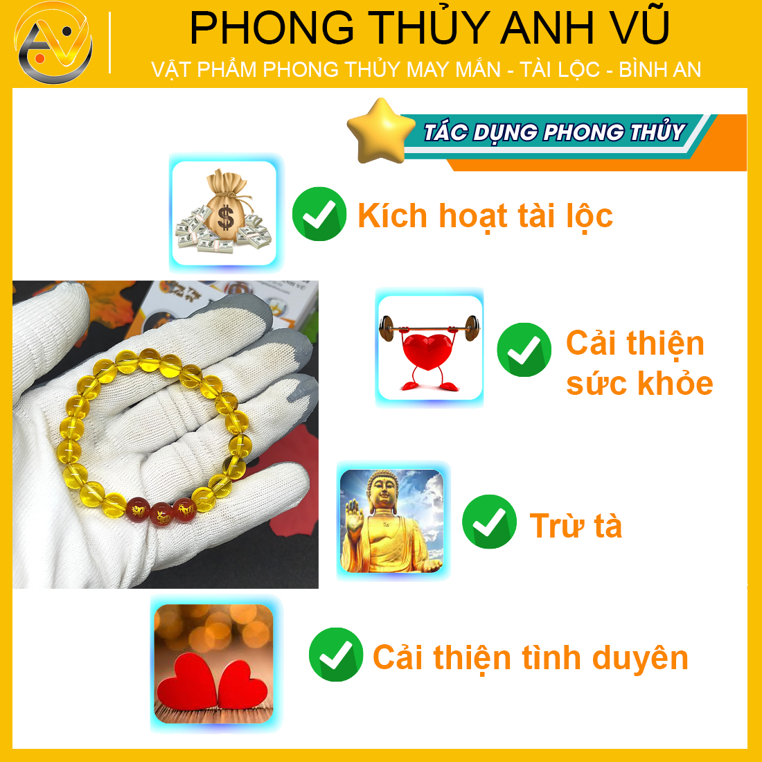 Vòng thạch anh vàng tam hợp hợi mão mùi - size 8 10ly cho nữ - may mắn tài lộc - Vòng Tam Hợp Anh Vũ