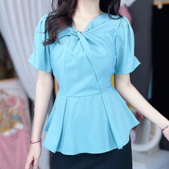 Áo sơ mi kiểu nữ peplum kate lụa CỔ XOẮN NGỰC và chun lưng giấu bụng hiệu quả