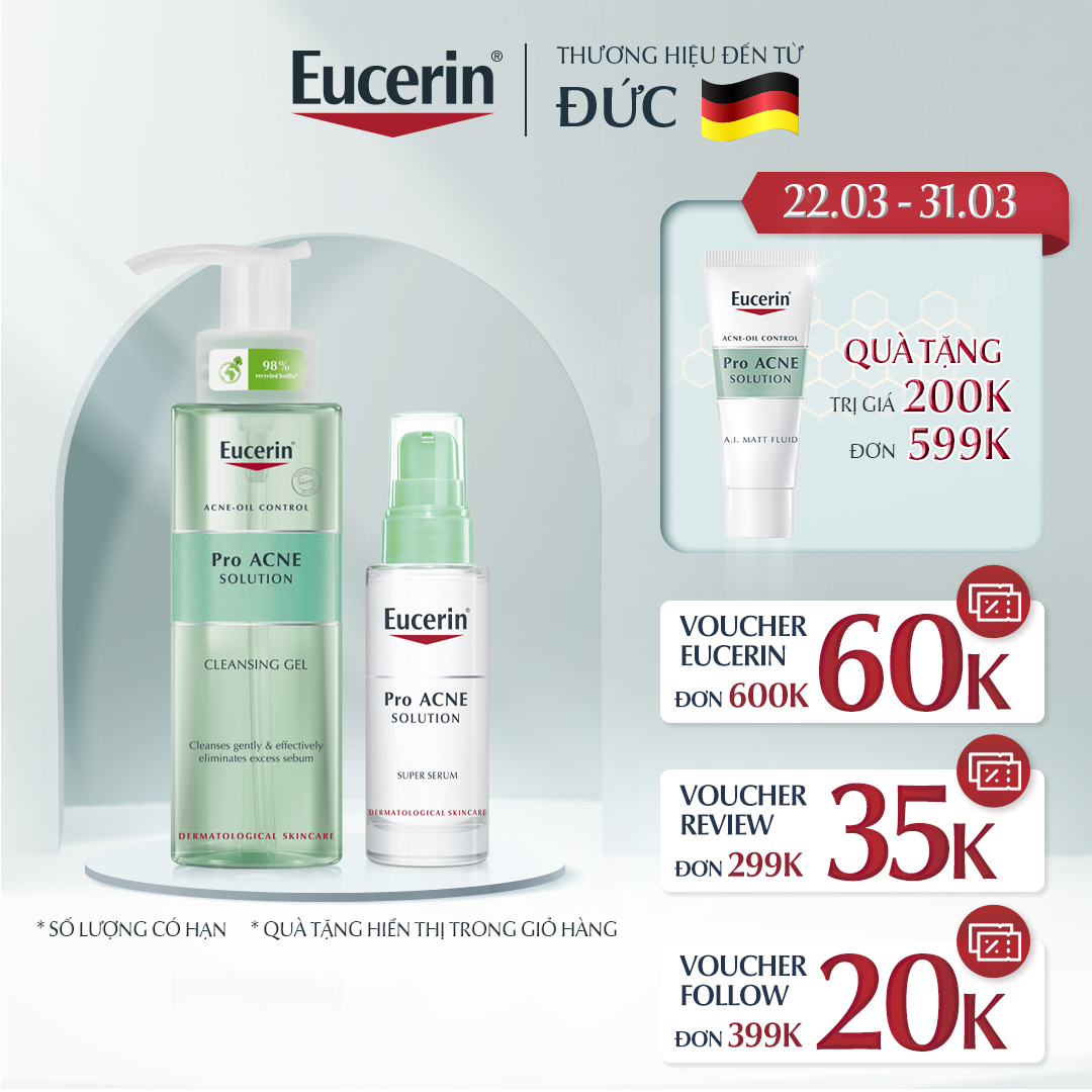 Bộ đôi làm sạch  Eucerin (Gel Rửa Mặt Eucerin Pro Acne Cleansing Gel 200ml + Tinh Chất Dưỡng Giảm Mụn, Mờ Sẹo Eucerin Pro Acne Super Serum 30ml)