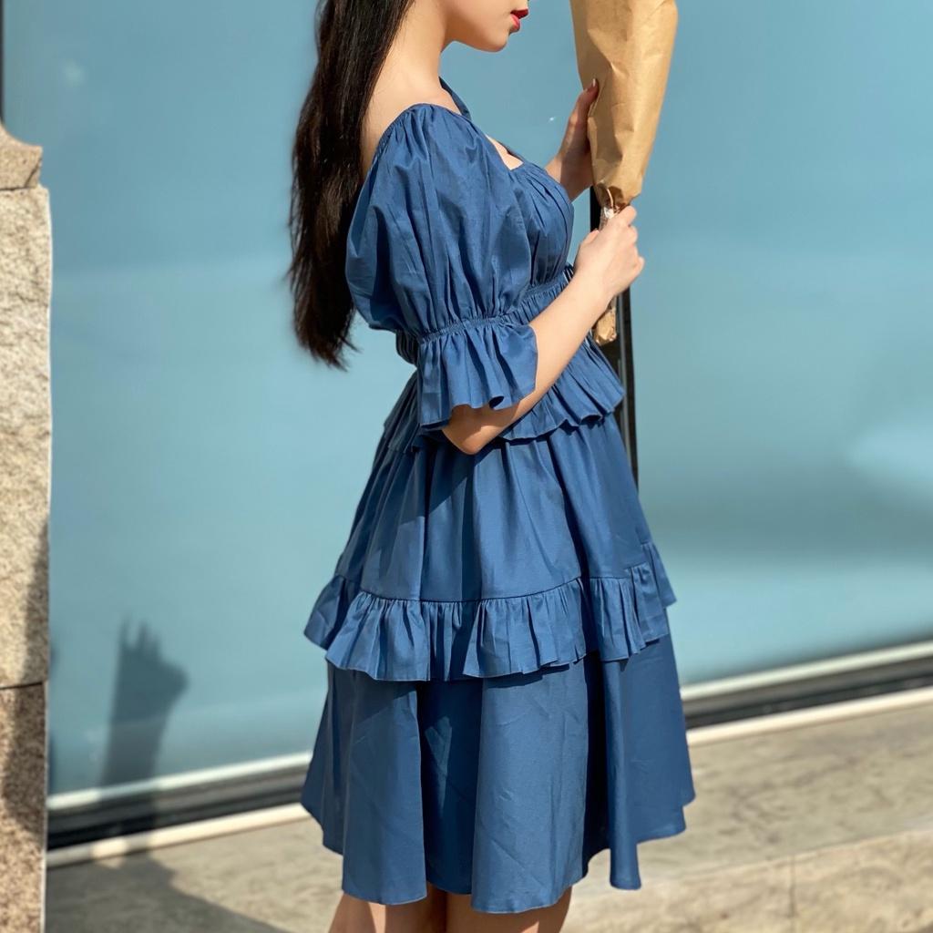 KIOBI – Đầm Artemis form mini ôm ngực, eo nhún thun, tay phồng, tùng xòe lai 2 tầng bèo,vải kate gân xanh - KID2112476XD