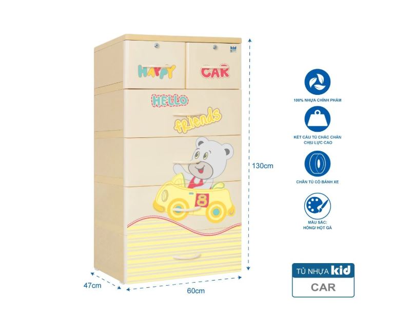 Tủ nhựa 5 tầng Qui Phúc KID màu xanh dương mẫu Car KT 600 x 470 x 1300 mm _ Juno Sofa hàng lắp sẵn