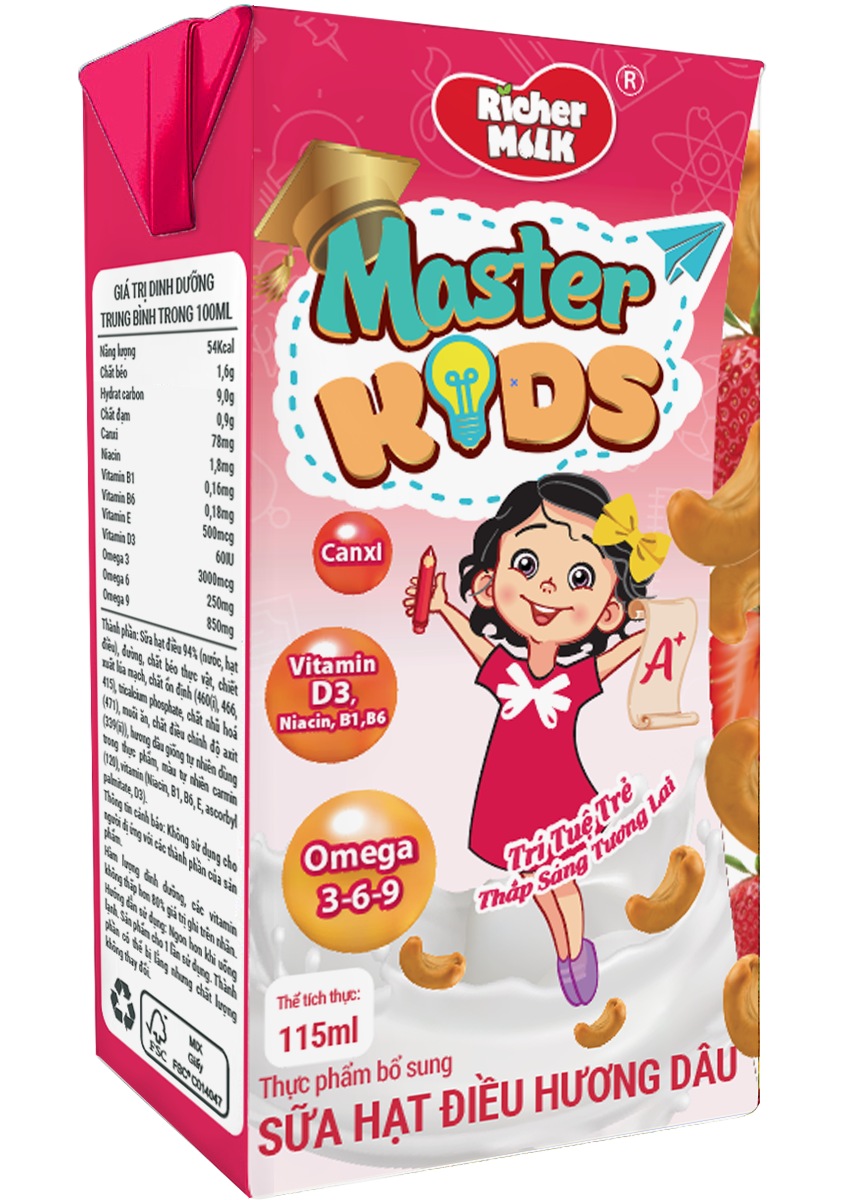 Sữa Hạt Điều Master Kids Hương Dâu 115ml Giàu Omega 3-6-9 Giúp Trẻ Thông Minh Hơn