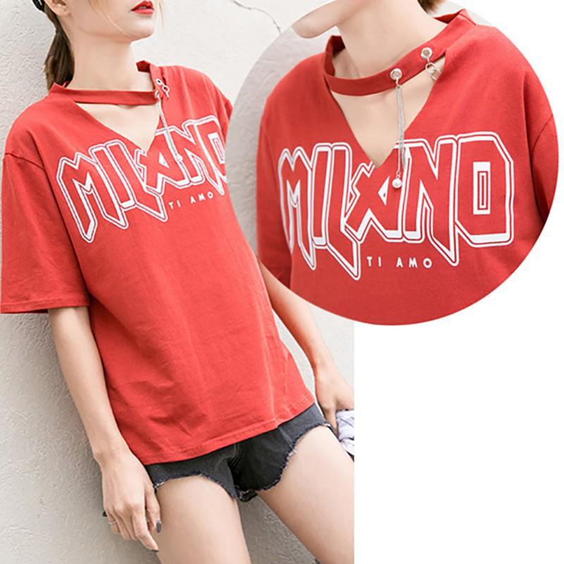 Áo thun nữ tay ngắn cổ chữ V in chữ gợi cảm