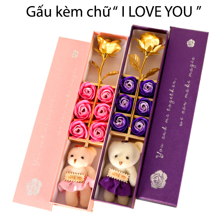 Hộp quà 6 bông và cây hoa hồng mạ vàng có gấu kèm chữ I Love You - Quà tặng bạn gái lễ tình nhân valentine 14/2