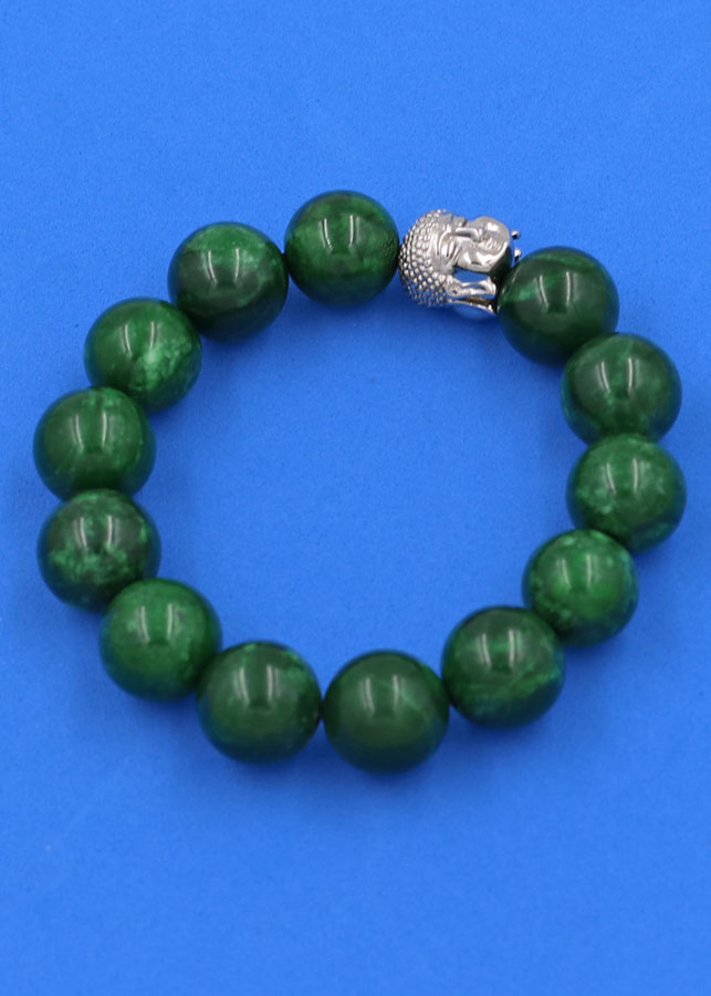 Vòng đeo tay Cẩm Thạch Đông Ninh 14 ly cẩn hạt Phật A Di Đà inox bạc VCTDNNLT14