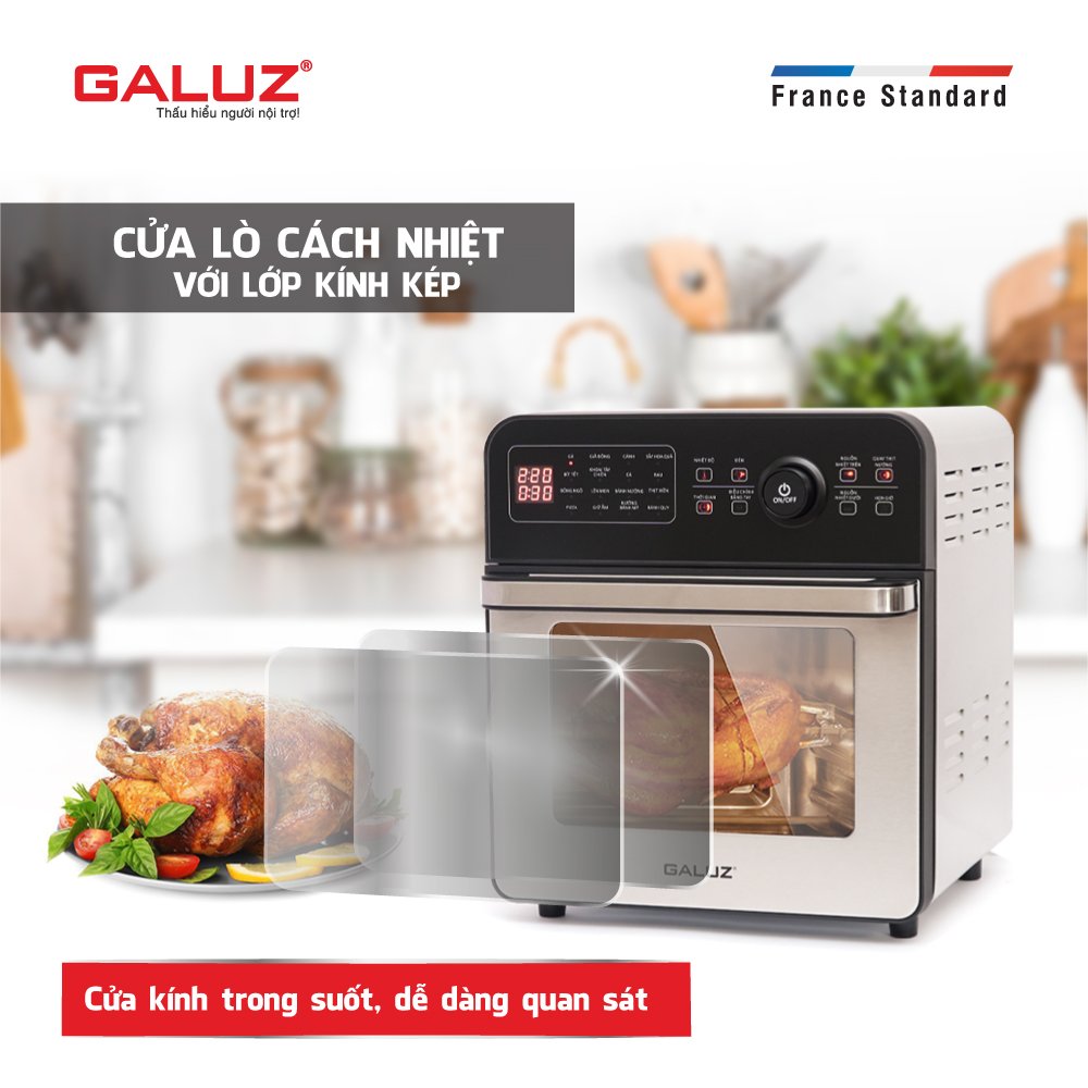 Nồi chiên không dầu GALUZ GLA 1518, dung tích 15L, công suất 1800W, vỏ ngoài bằng inox 304, bộ phụ kiện đa dạng lồng chiên, xiên quay gà, vỉ nướng, hàng chính hãng