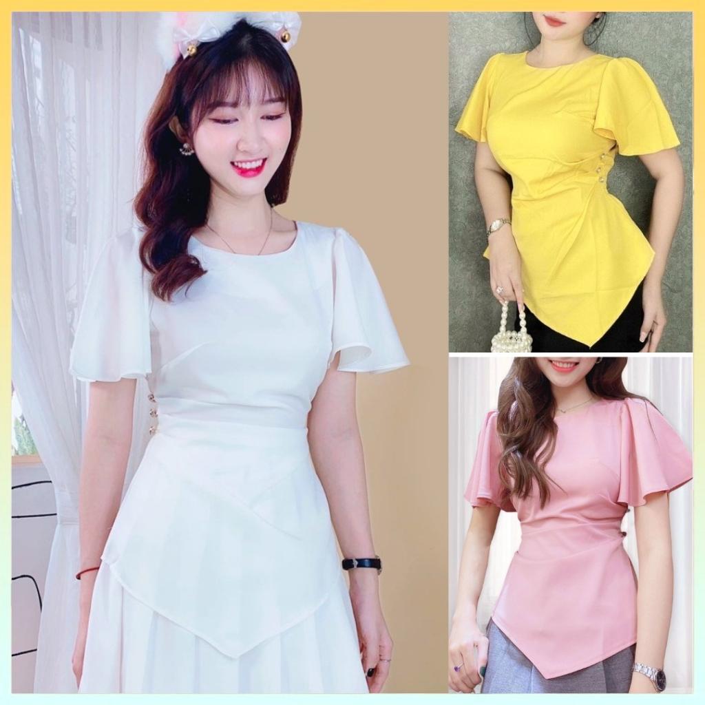 Áo sơ mi kiểu nữ peplum cổ tròn VẠT NHỌN TAY BÈO có chun eo giấu bụng hiệu quả
