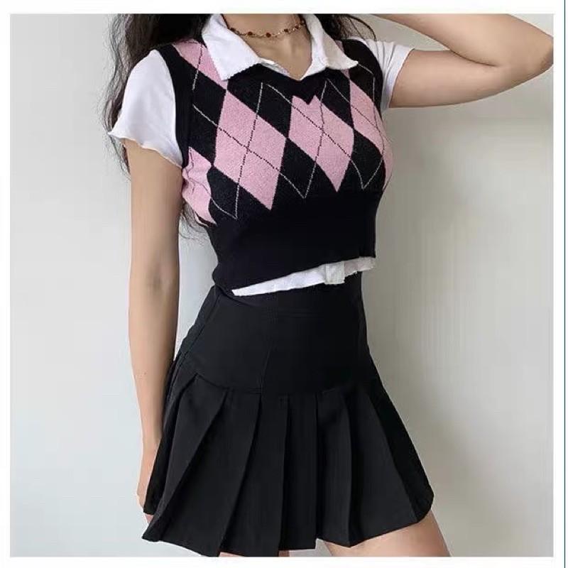 Set áo polo mix gile croptop kẻ caro phong cách highteen
