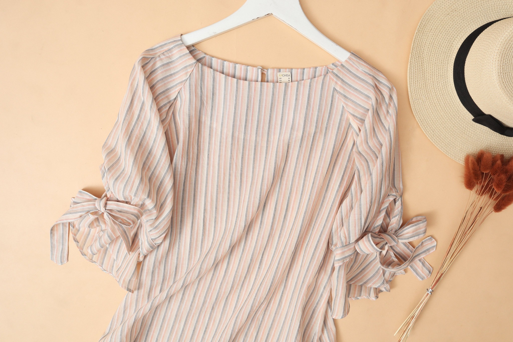 Áo KACHISA cổ tròn cotton sọc phối nơ tay