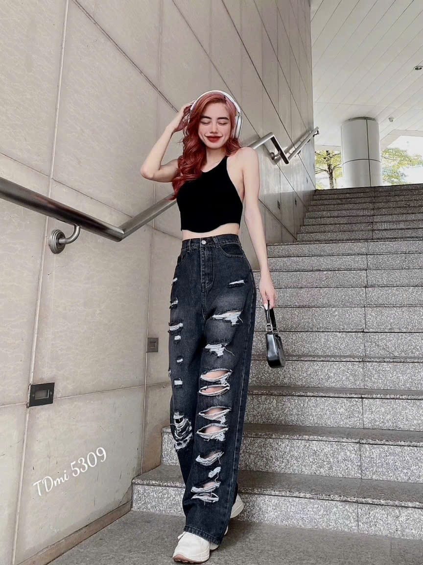 QUẦN BAGGY JEAN NỮ LƯNG CAO RÁCH KIỂU THỜI TRANG