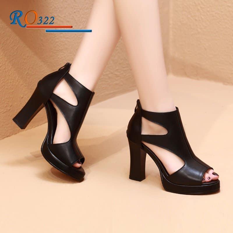 Sandal cao gót nữ khóa kéo, da lì cao cấp ROSATA RO322 8p gót trụ - đen - HÀNG VIỆT NAM - BKSTORE