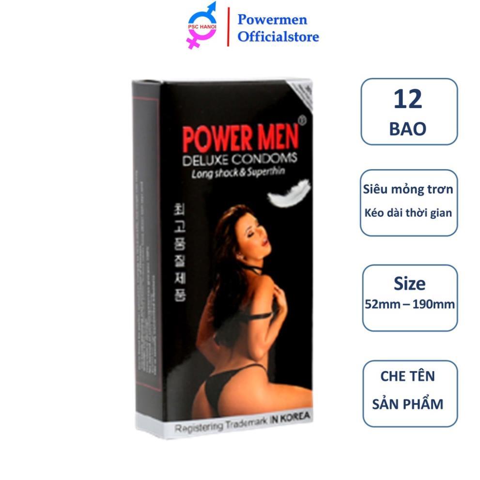 Bao cao su POWERMEN SUPERTHIN siêu mỏng nhiều gel bôi trơn chứa 5% benzocain kéo dài thời gian hộp 12 chiếc