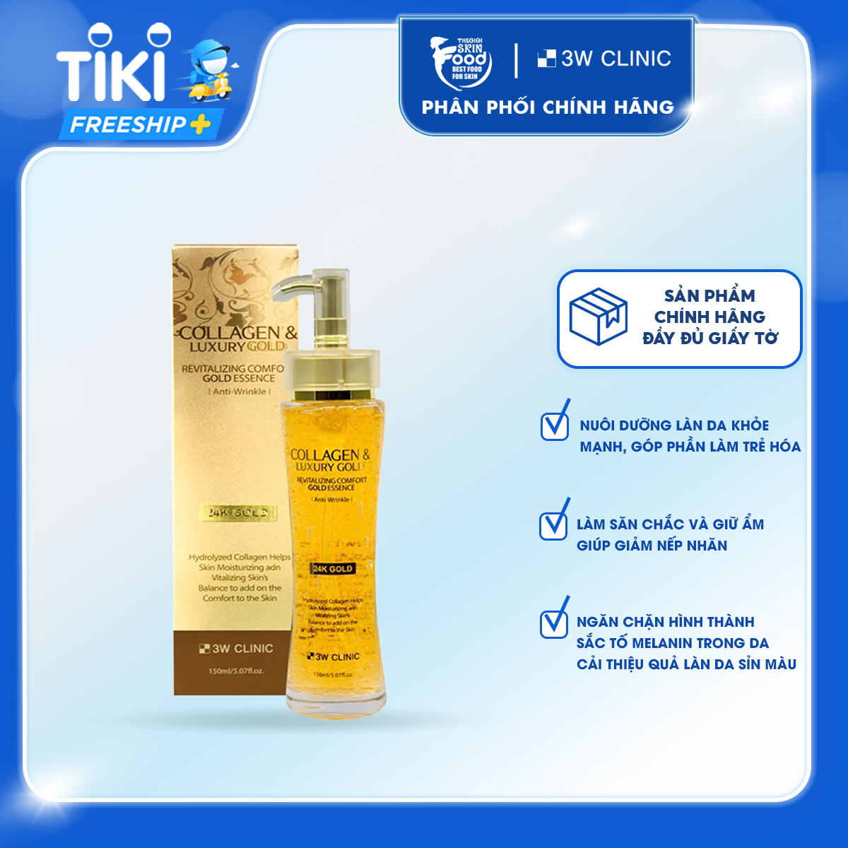 Tinh Chất Dưỡng Trắng, Chống Lão Hóa 3W Clinic Collagen &amp; Luxury Gold Revitalizing Comfort Gold Essence