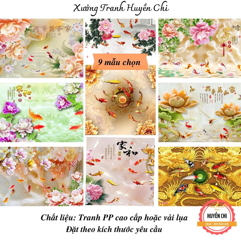 Tranh 3d dán tường trang trí phòng khách- tranh cửa ngư cá hoa sen- ép kim sa- Huyền Chi- Đặt theo kích thước yêu cầu