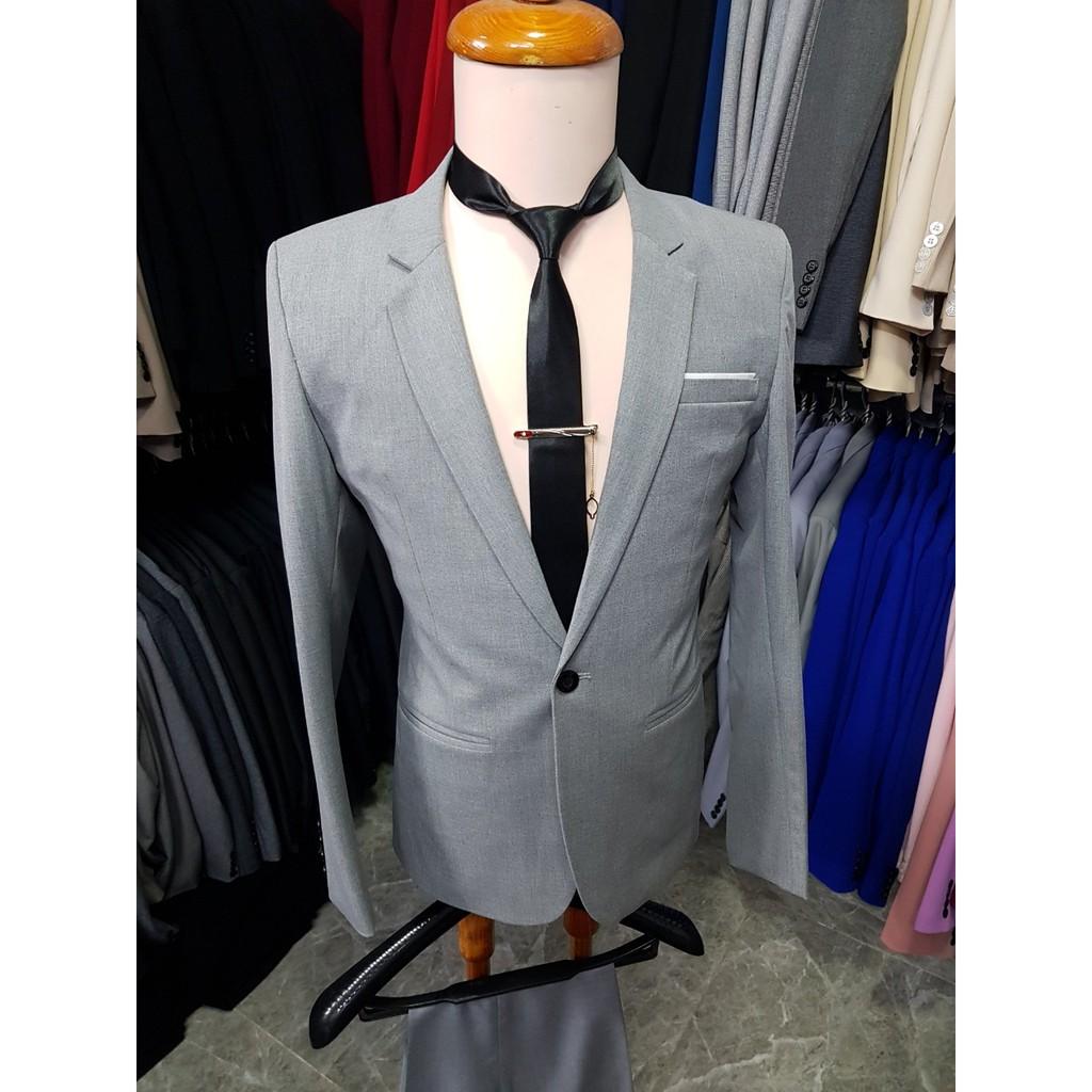 Bộ vest nam form ôm body màu xám ghi chất vải mềm mịn co giãn + cà vạt kẹp