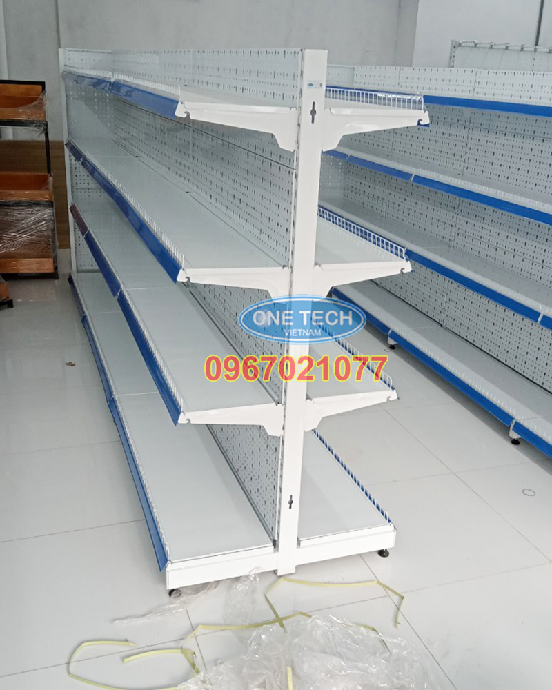 Kệ siêu thị đôi tôn đục lỗ C1500 x D900 x R750 x 4 tầng
