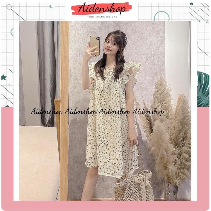 Váy bầu thiết kế thời trang hoa nhí đẹp Aidenshop màu kem freesize