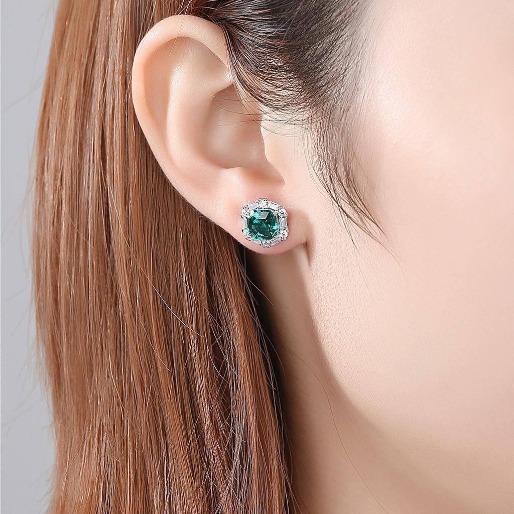 Khuyên Tai Nữ Bạc S925 Xi Bạch Kim, Đá Kim Cương Ngọc Lục Bảo Tổng Hợp Nhân Tạo Sang Trọng - B2782 - Bảo Ngọc Jewelry