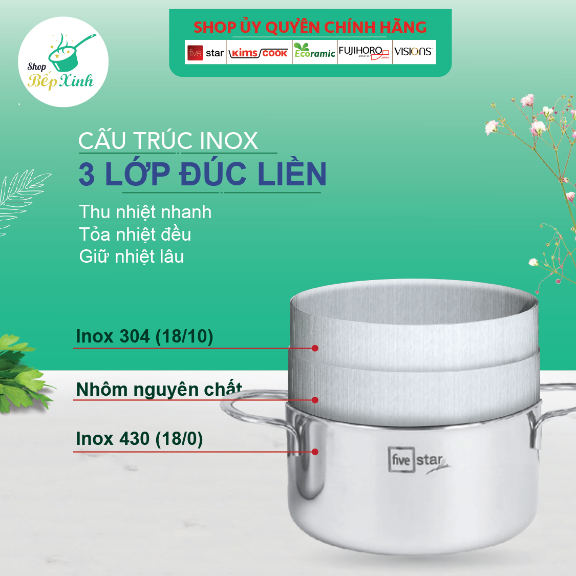 Bộ nồi 3 lớp đáy liền inox 304 Fivestar Plus quai oval nắp kính , tặng 1 vá canh- BỘ NỒI BẾP TỪ CAO CẤP