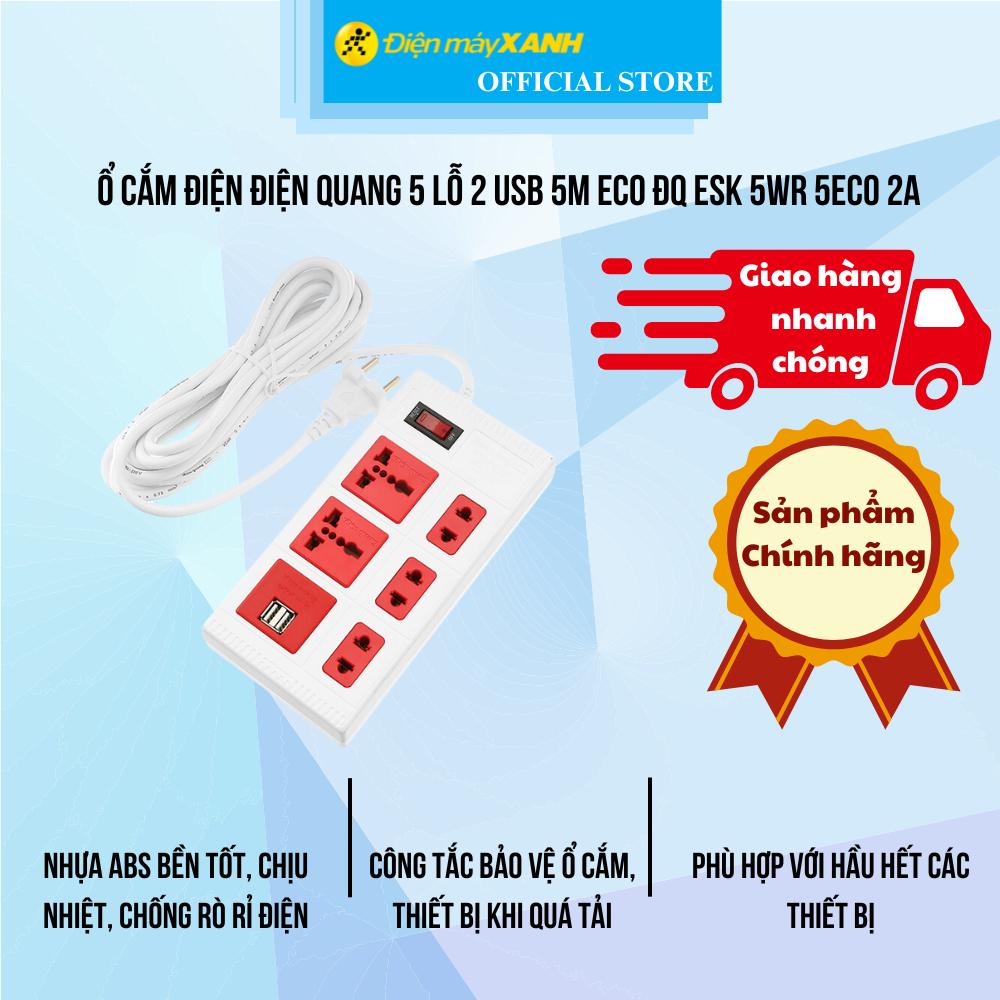 Ổ cắm điện Điện Quang 5 lỗ 2 USB 5m ECO ĐQ ESK 5WR 5ECO 2A - Hàng Chính Hãng