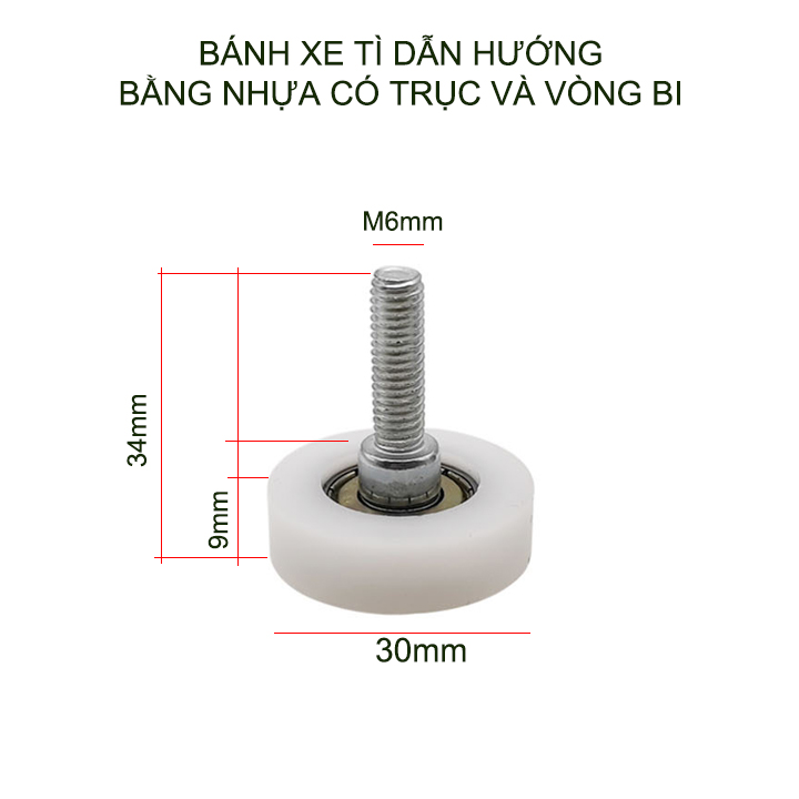 Bộ 2 bánh xe con lăn tì dẫn hướng cho cửa trượt phi 30mm, có vòng bi và trục ren M6