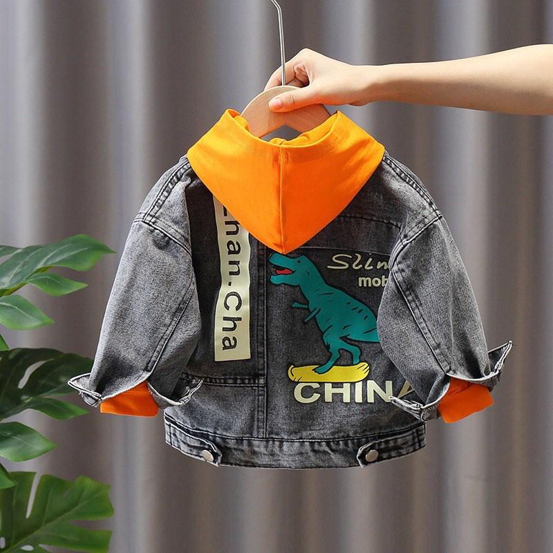 Set áo jean nỉ mũ khủng long cho bé