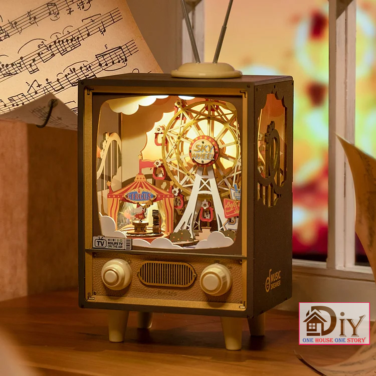 Hộp nhạc Mô hình Tivi gỗ cơ động học DIY Robotime Rolife Sunset Carnival Music Box AMT01 tự lắp ráp Quà tặng giáng sinh trang trí sáng tạo