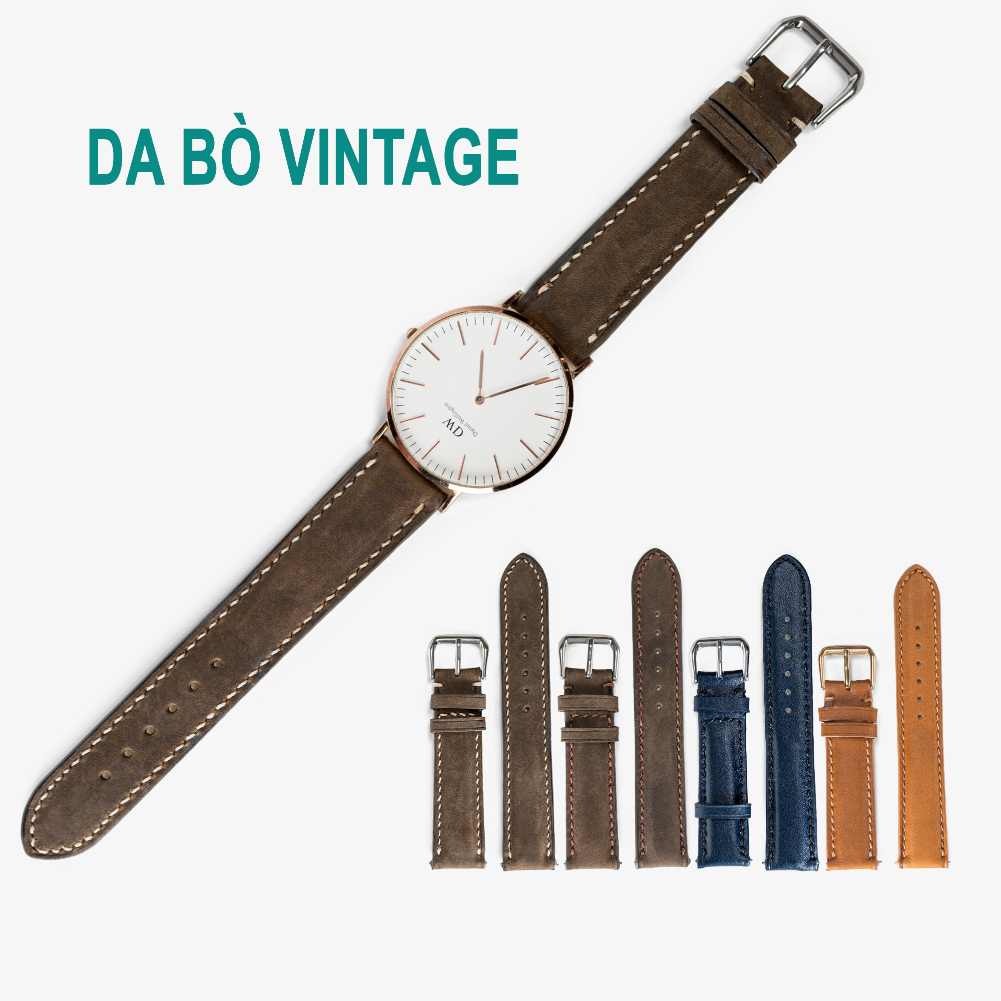 Hình ảnh Dây đồng hồ da bò Vintage Bụi Leather D111 - Da thật khâu tay thủ công cao cấp - Bảo hành 12 tháng