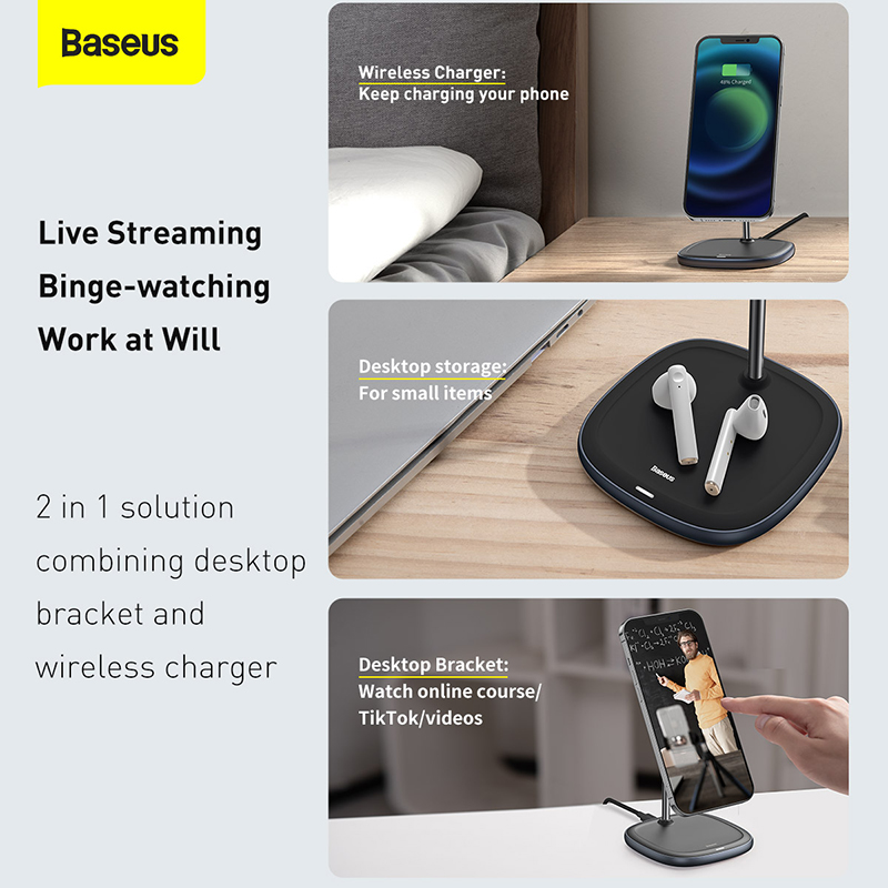 Bộ sạc nhanh Qi không dây từ tính 15W kiêm Giá đỡ điện thoại Baseus Swan Magnetic Desktop Bracket Wireless Charger tương thích MagSafe cho iPhone - Hàng chính hãng